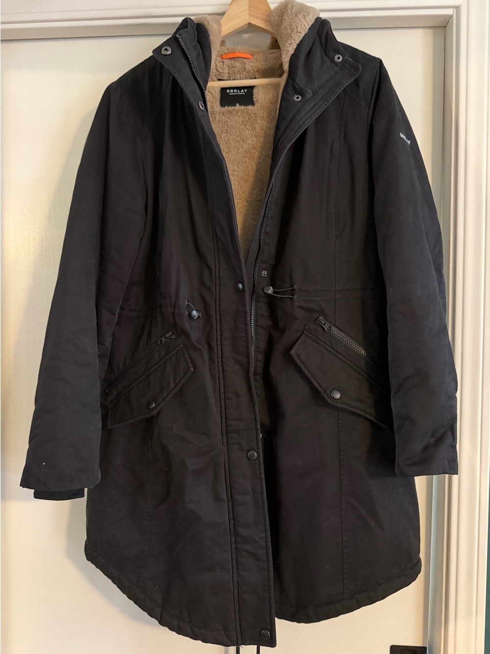 OROLAY Women's Black Parka with SOFT faux fur tan lining size M